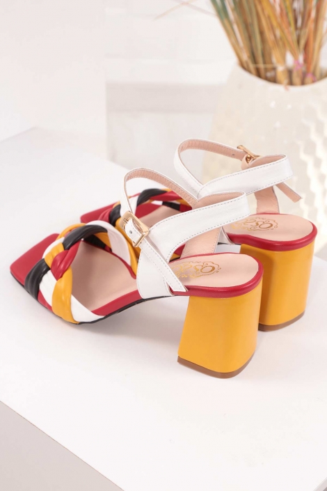 Hakiki Deri Beyaz-Siyah-Kırmızı-Oranj Kadın Topuklu Sandalet 211127524