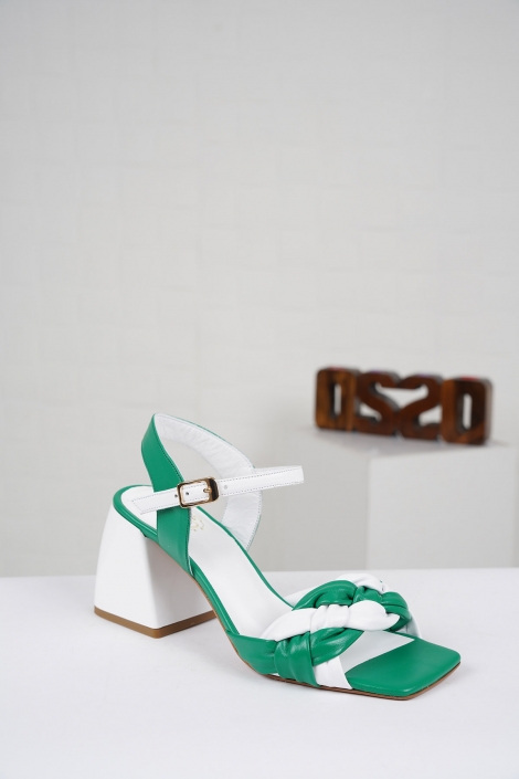 Hakiki Deri Çimen Yeşil-Beyaz Kadın Topuklu Sandalet 221127514