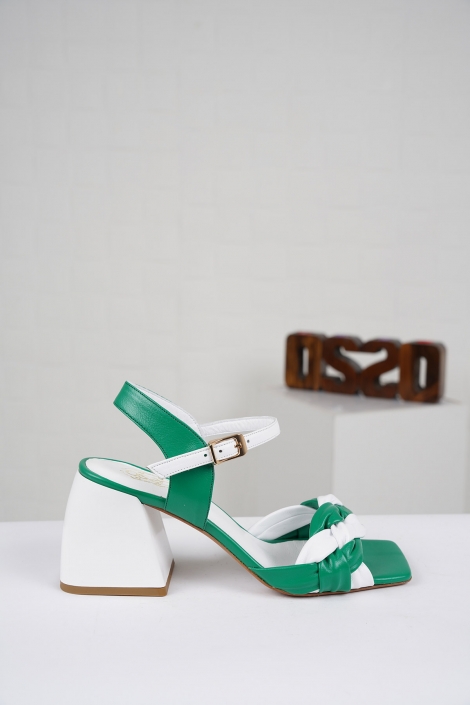 Hakiki Deri Çimen Yeşil-Beyaz Kadın Topuklu Sandalet 221127514