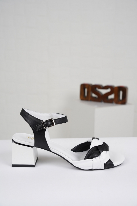 Hakiki Deri Beyaz-Siyah Kadın Topuklu Sandalet 221127524