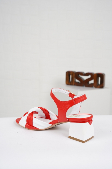 Hakiki Deri Kırmızı-Beyaz Kadın Topuklu Sandalet 221127524