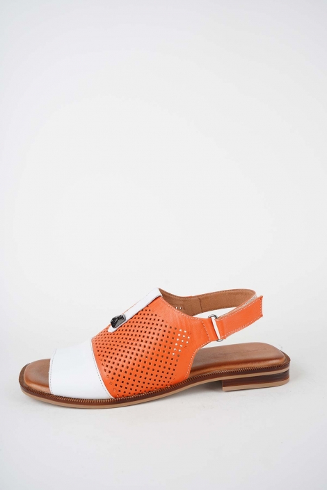 Hakiki Deri Oranj-Beyaz Kadın Düz Sandalet 261141504