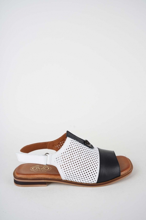 Hakiki Deri Beyaz-Siyah Kadın Düz Sandalet 261141504