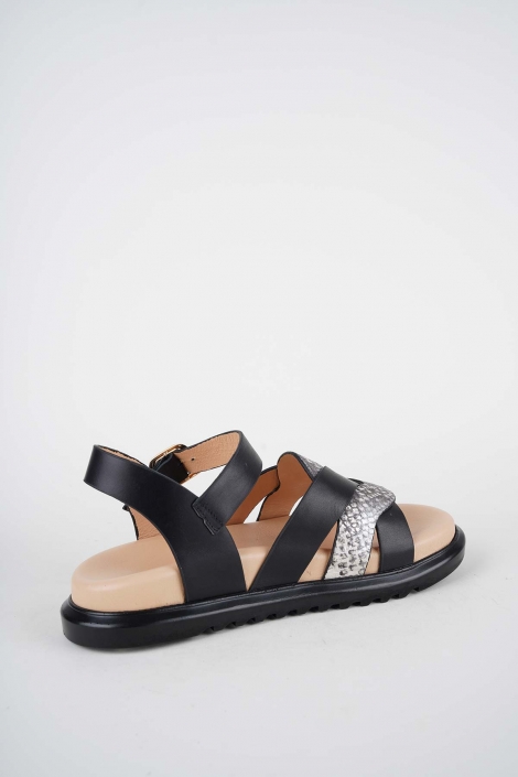 Hakiki Deri Yılan Baskı-Siyah Kadın Düz Sandalet 261162502