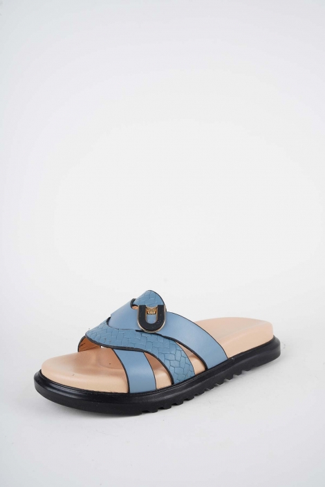 Hakiki Deri Kot Mavi Kadın Düz Terlik 261162602