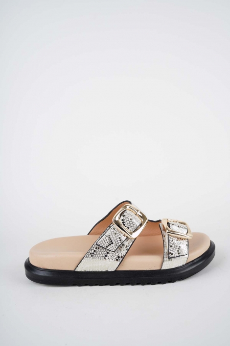 Hakiki Deri Bej Baskılı Kadın Düz Terlik 261162604