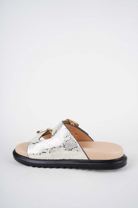 Hakiki Deri Bej Baskılı Kadın Düz Terlik 261162604