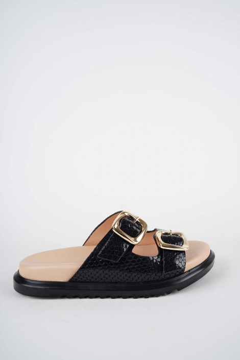 Hakiki Deri Siyah Baskı Kadın Düz Terlik 261162605