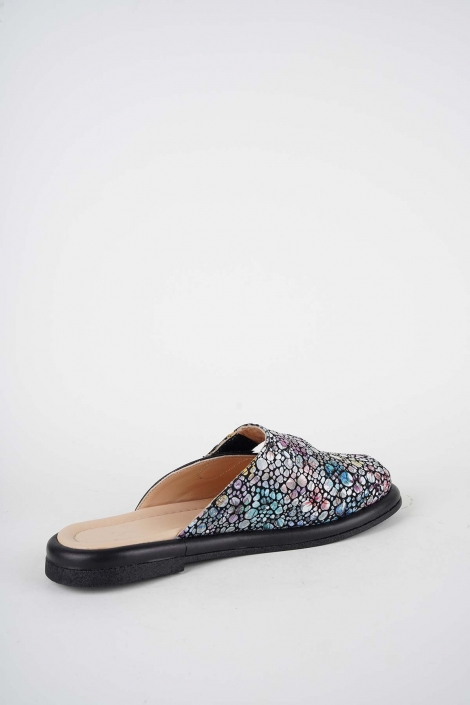 Hakiki Deri Çiçek Baskı-Siyah Kadın Zımbalı Sabo 261162703