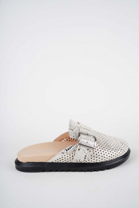 Hakiki Deri Bej Baskılı Kadın Zımbalı Sabo 261162704