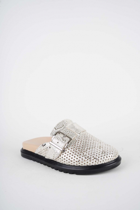 Hakiki Deri Bej Baskılı Kadın Zımbalı Sabo 261162704