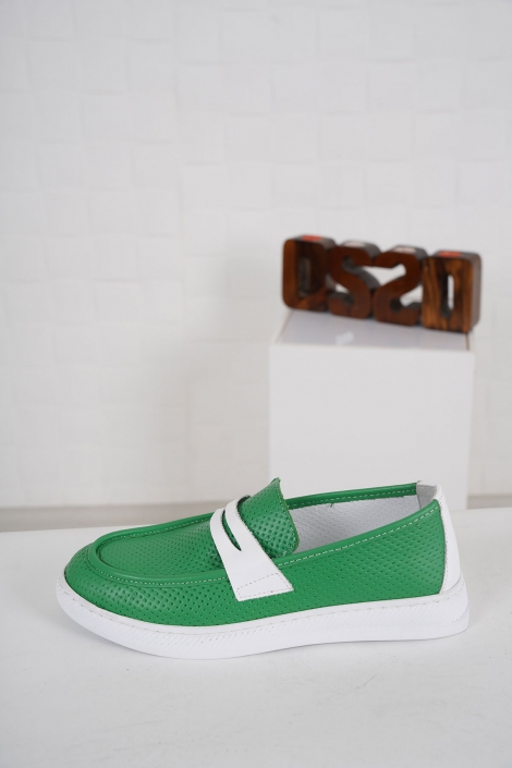 Hakiki Deri Çimen Yeşili-Beyaz Kadın Casual Ayakkabı 231186108
