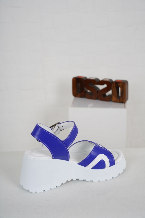 Hakiki Deri Sax Mavi-Beyaz Kadın Dolgu Topuk Sandalet 231186506