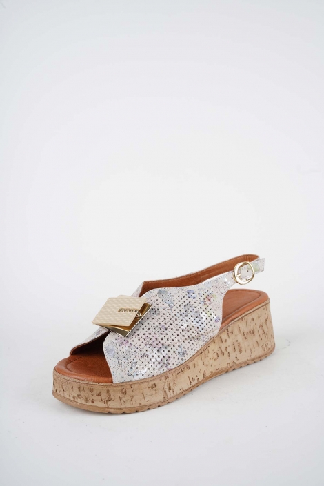 Hakiki Deri Bej Çiçek Baskılı Kadın Dolgu Topuklu Sandalet 261186500