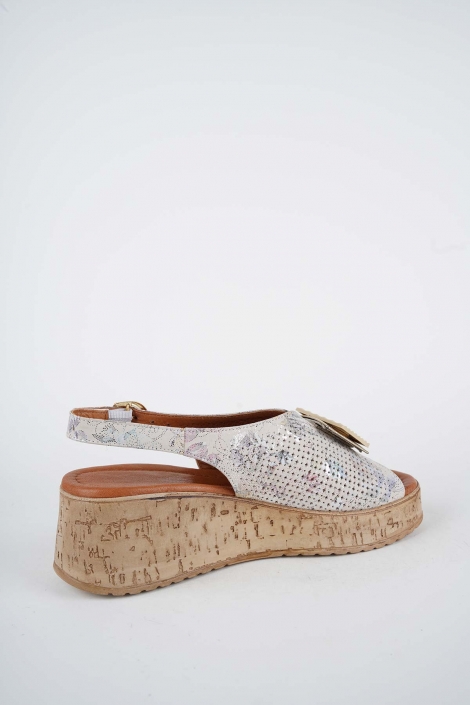 Hakiki Deri Bej Çiçek Baskılı Kadın Dolgu Topuklu Sandalet 261186500