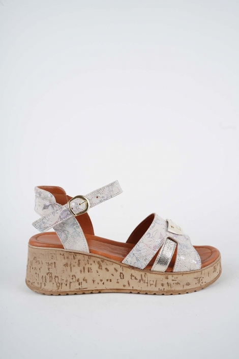 Hakiki Deri Bej Çiçek Baskılı Kadın Dolgu Topuklu Sandalet 261186502