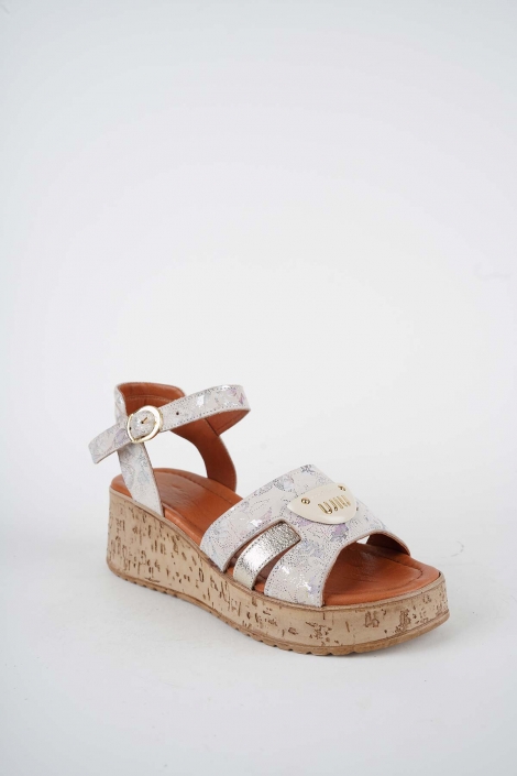 Hakiki Deri Bej Çiçek Baskılı Kadın Dolgu Topuklu Sandalet 261186502