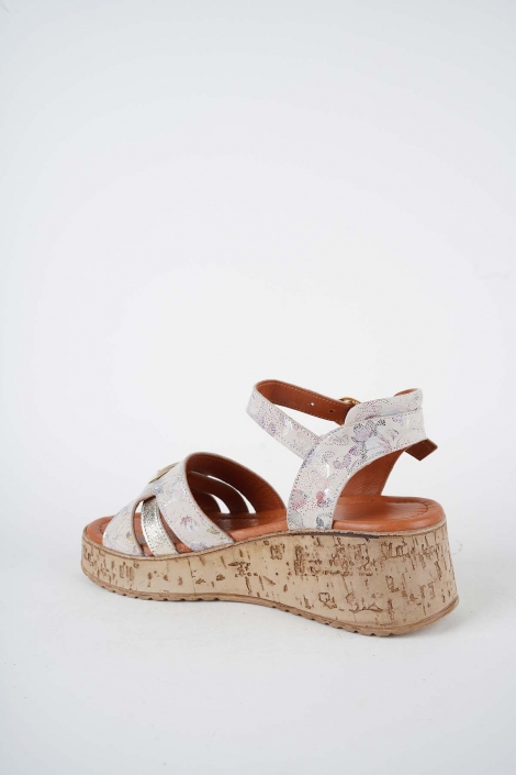 Hakiki Deri Bej Çiçek Baskılı Kadın Dolgu Topuklu Sandalet 261186502