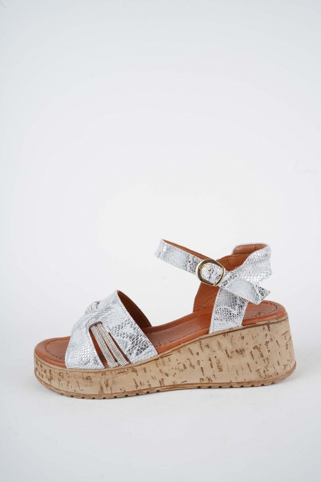 Hakiki Deri Gümüş Yılan Baskı Kadın Dolgu Topuklu Sandalet 261186505