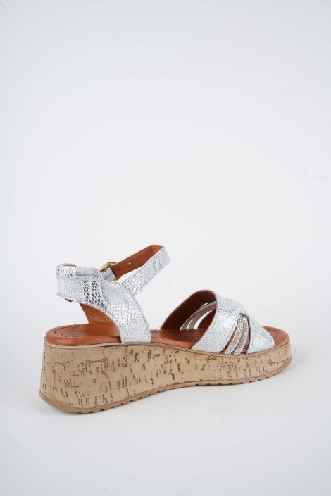 Hakiki Deri Gümüş Yılan Baskı Kadın Dolgu Topuklu Sandalet 261186505