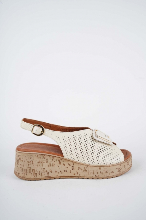 Hakiki Deri Bej Kadın Dolgu Topuklu Sandalet 261186506