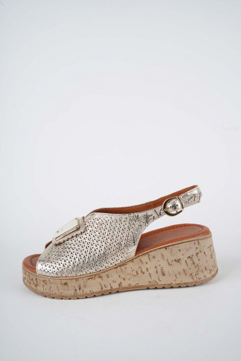 Hakiki Deri Altın Baskılı Kadın Dolgu Topuklu Sandalet 261186506