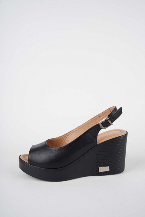 Hakiki Deri Siyah Kadın Dolgu Topuk Sandalet 261189502