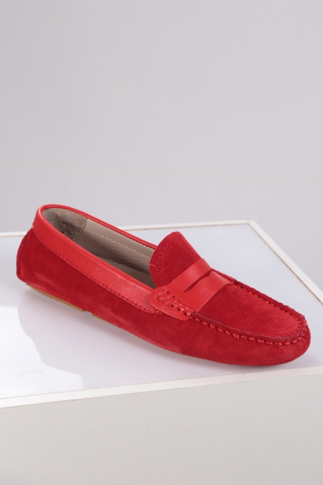 Hakiki Deri Kırmızı Süet-Kırmızı Kadın Makosen Ayakkabı 221209106