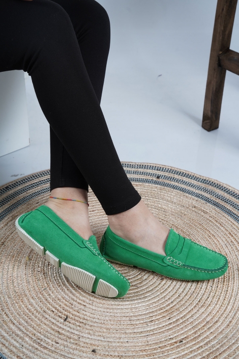 Hakiki Deri Fıstık Yeşil Süet Kadın Makosen Ayakkabı 221209106