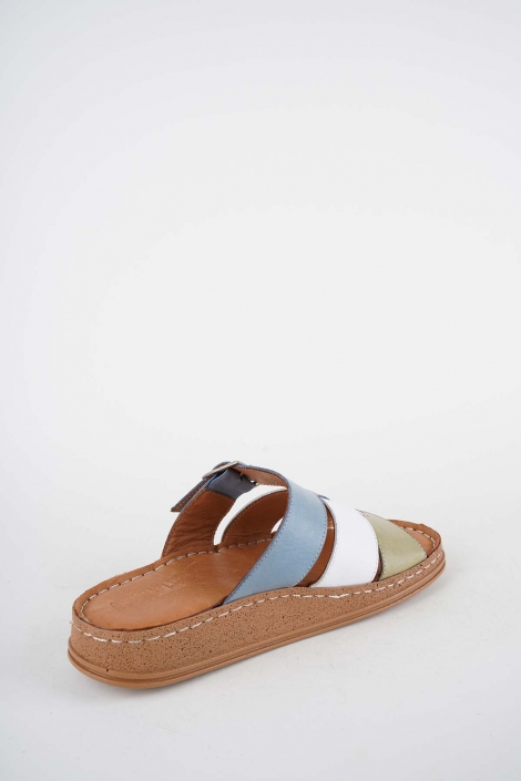 Hakiki Deri Avokado-Beyaz-Kot Mavi Kadın Comfort Terlik 261220604