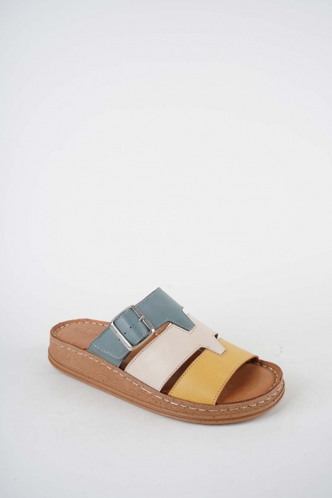 Hakiki Deri Sarı-Bej-Koyu Kot Kadın Comfort Terlik 261220604