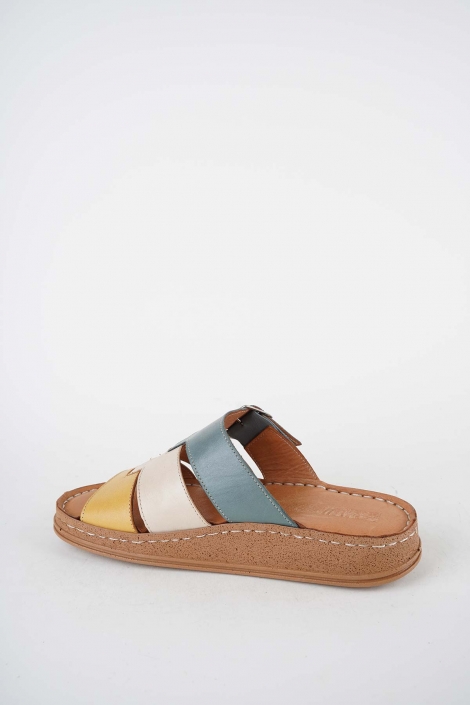 Hakiki Deri Sarı-Bej-Koyu Kot Kadın Comfort Terlik 261220604