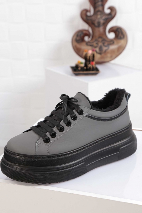 Hakiki Deri Mat Füme-Siyah Kadın Sneaker Ayakkabı 212225105
