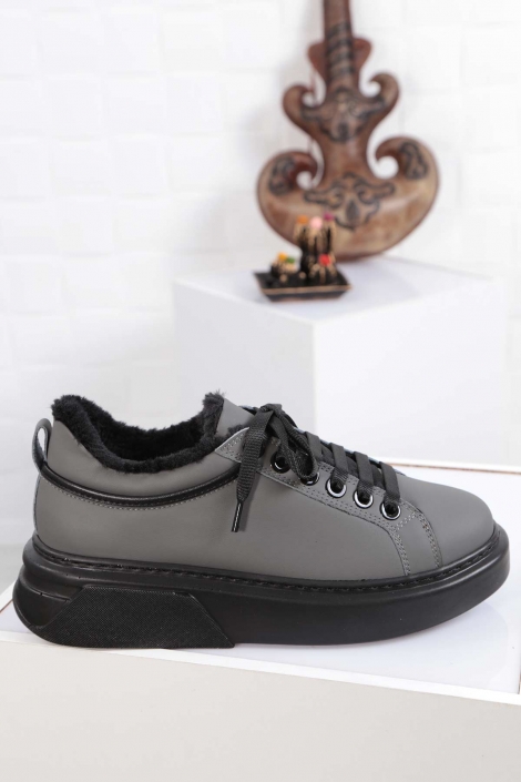 Hakiki Deri Mat Füme-Siyah Kadın Sneaker Ayakkabı 212225106