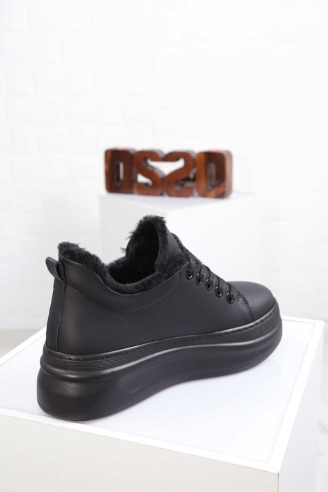 Hakiki Deri Mat Siyah Kadın Sneaker Ayakkabı 212225108