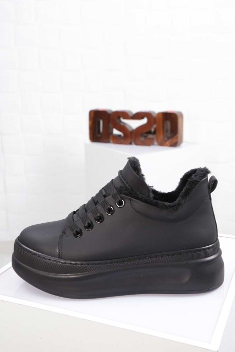 Hakiki Deri Mat Siyah Kadın Sneaker Ayakkabı 212225108