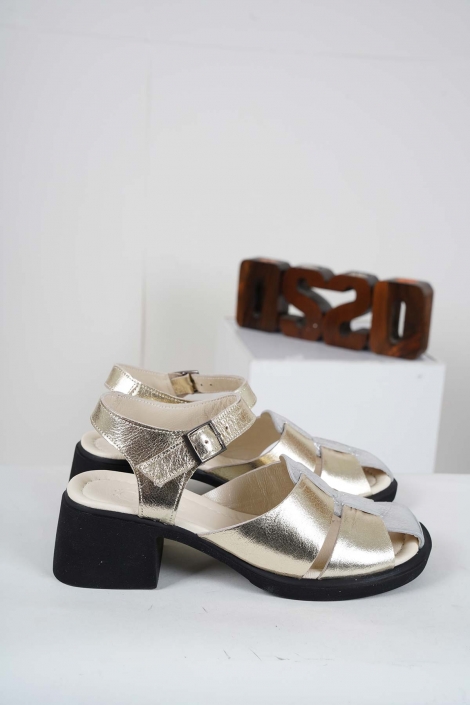 Hakiki Deri Gümüş-Altın Kadın Topuklu Sandalet 241225501