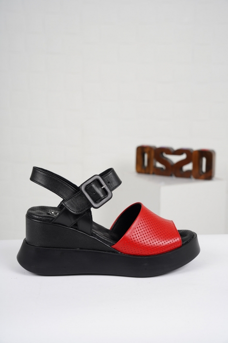 Hakiki Deri Siyah-Kırmızı Kadın Dolgu Topuk Sandalet 221229504