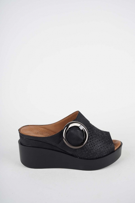 Hakiki Deri Siyah Saten Kadın Dolgu Topuk Terlik 251229603