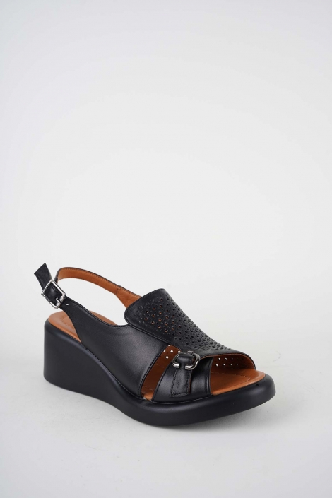 Hakiki Deri Siyah Kadın Dolgu Topuklu Sandalet 261229507