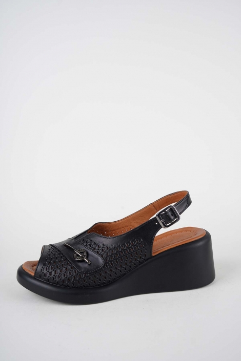 Hakiki Deri Siyah Kadın Dolgu Topuklu Sandalet 261229509