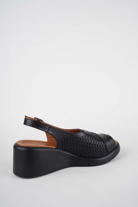 Hakiki Deri Siyah Kadın Dolgu Topuklu Sandalet 261229509