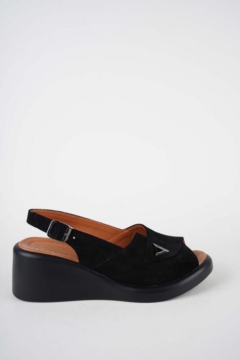 Hakiki Deri Siyah Süet Kadın Dolgu Topuklu Sandalet 261229510