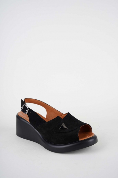 Hakiki Deri Siyah Süet Kadın Dolgu Topuklu Sandalet 261229510