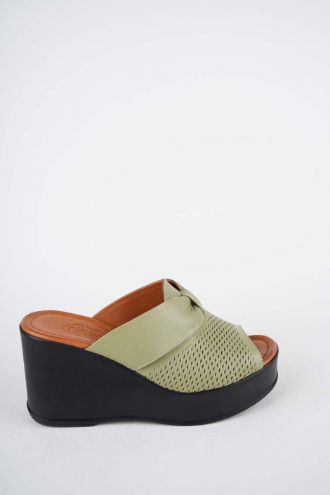 Hakiki Deri Avokado Yeşil Kadın Dolgu Topuklu Terlik 261229604