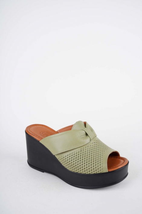 Hakiki Deri Avokado Yeşil Kadın Dolgu Topuklu Terlik 261229604