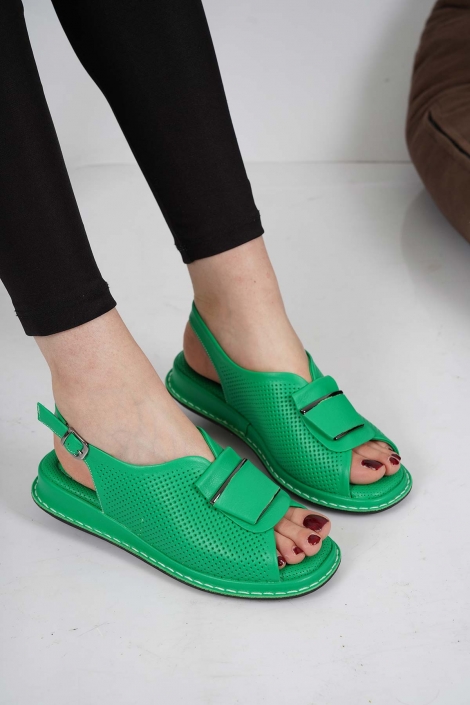 Hakiki Deri Çimen Yeşili Kadın Düz Sandalet 231100501