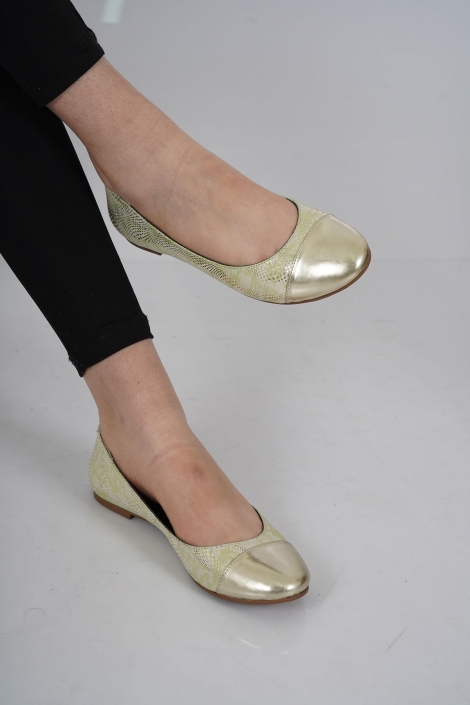 Hakiki Deri Yeşil-Altın Baskılı Kadın Babet Ayakkabı 201110608