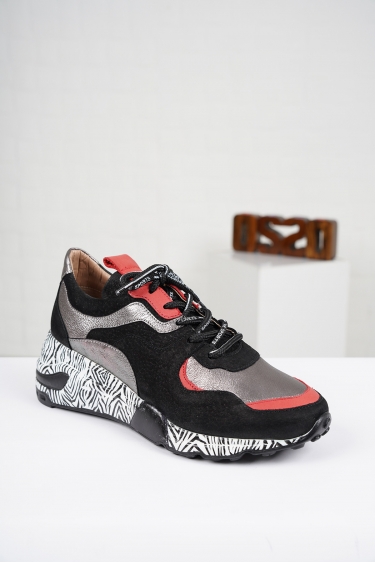 Hakiki Deri Siyah-Kırmızı-Çelik Kadın Sneaker Ayakkabı 202110105