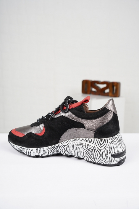 Hakiki Deri Siyah-Kırmızı-Çelik Kadın Sneaker Ayakkabı 202110105